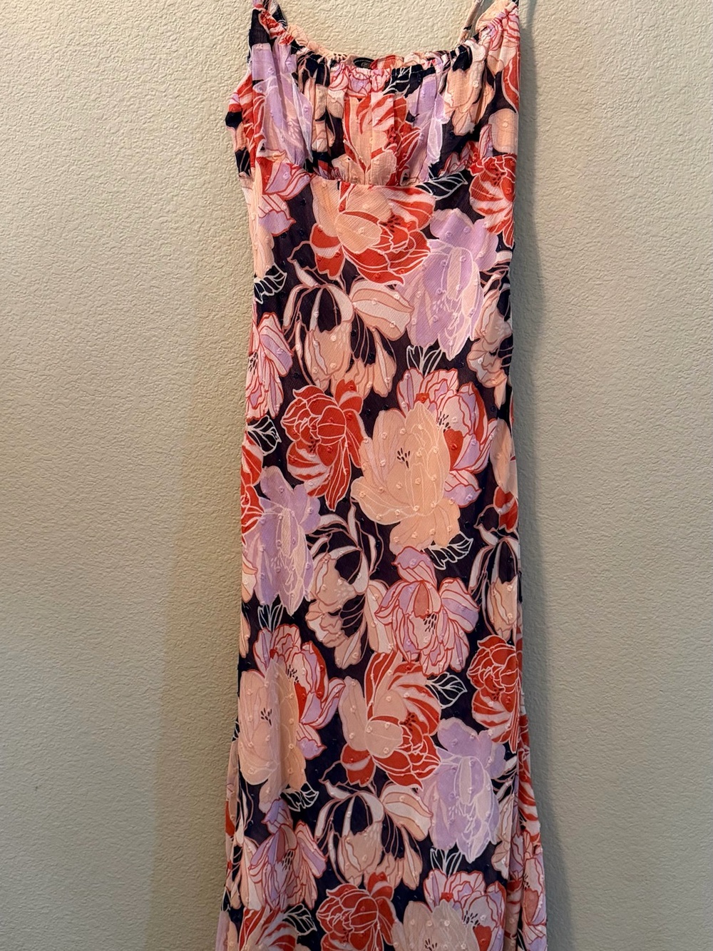 Floral Maxi Slip Dress in Black with Pink and Coral Blooms